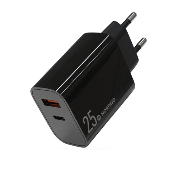 NORTHJO NOPD2502 PD 25W USB-C/Type-C + QC 3.0 USB Dual Ports Fast Charger, Plug Type:EU Plug(Black)
