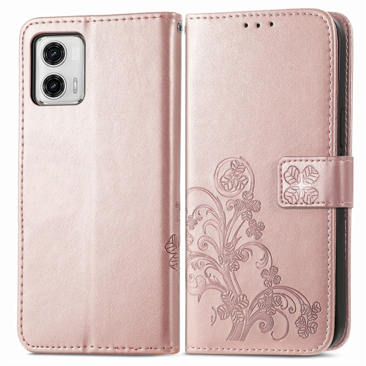 For Motorola Moto G73 Four-leaf Clasp Embossed Buckle Leather Phone Case(Rose Gold)