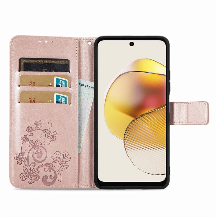 For Motorola Moto G73 Four-leaf Clasp Embossed Buckle Leather Phone Case(Rose Gold)