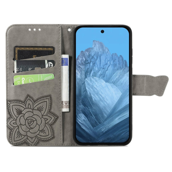 For Google Pixel 9 Butterfly Love Flower Embossed Leather Phone Case(Gray)