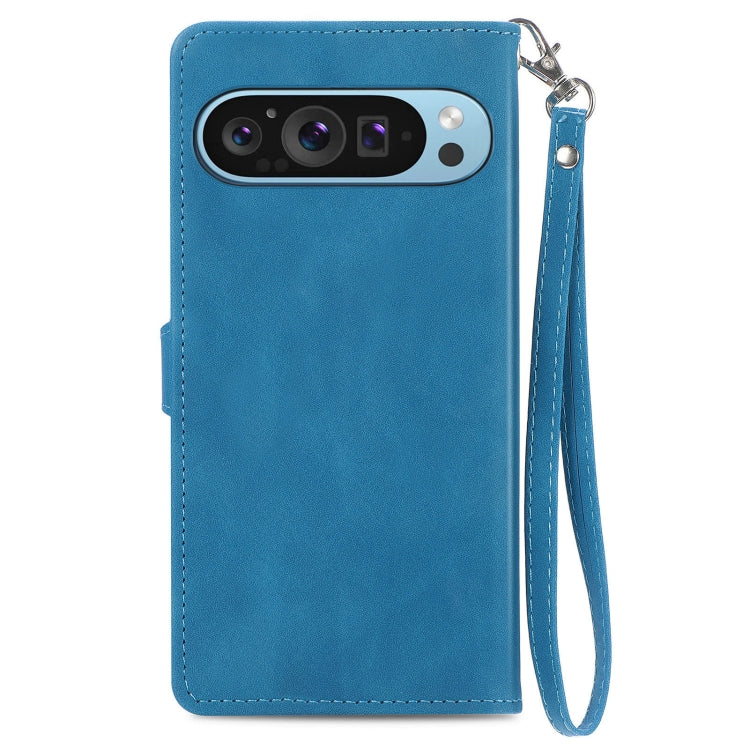 For Google Pixel 9 Pro Embossed Flower Zipper Leather Phone Case(Blue)