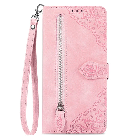 For Google Pixel 9 Pro Embossed Flower Zipper Leather Phone Case(Pink)