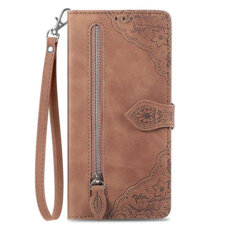 For Google Pixel 9 Embossed Flower Zipper Leather Phone Case(Brown)