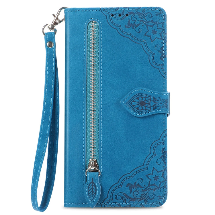 For Google Pixel 9 Embossed Flower Zipper Leather Phone Case(Blue)