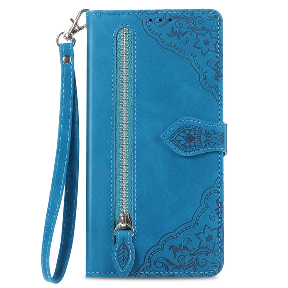For Google Pixel 9 Embossed Flower Zipper Leather Phone Case(Blue)