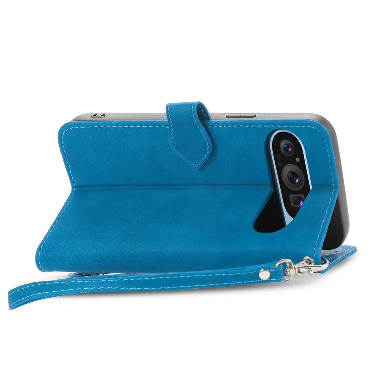 For Google Pixel 9 Embossed Flower Zipper Leather Phone Case(Blue)
