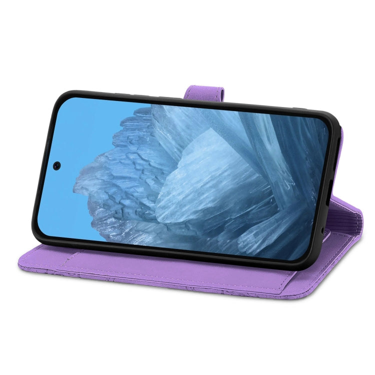 For Google Pixel 9 Embossed Flower Zipper Leather Phone Case(Purple)