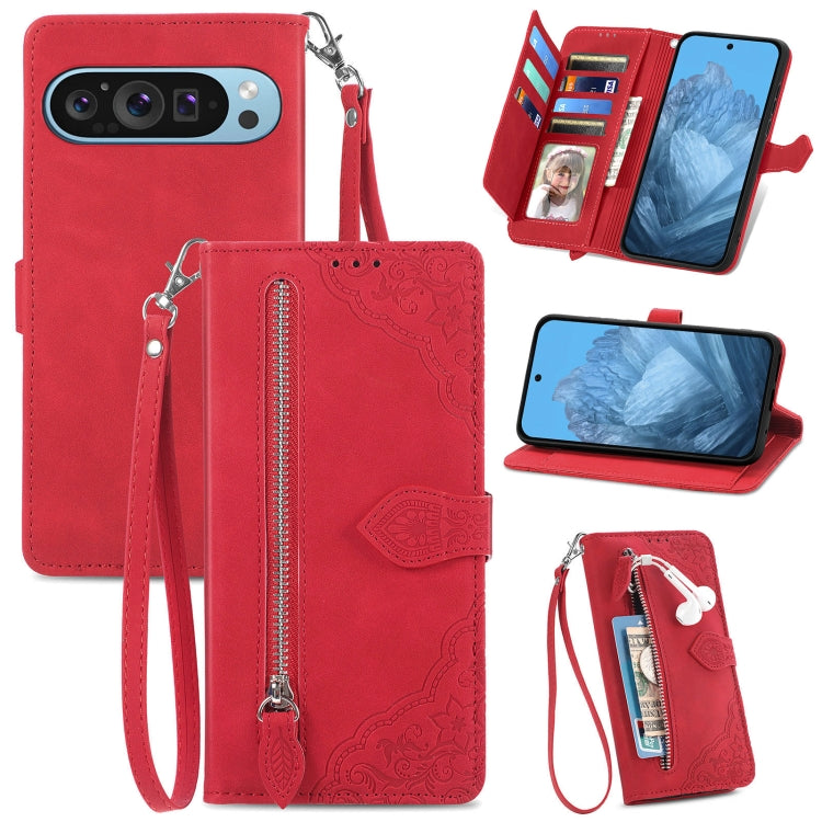 For Google Pixel 9 Embossed Flower Zipper Leather Phone Case(Red)