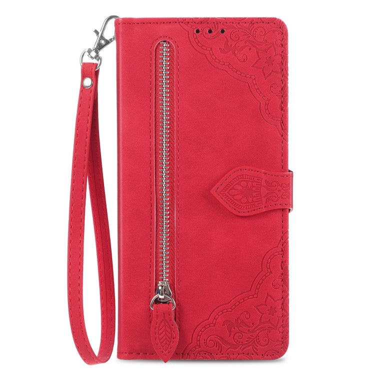 For Google Pixel 9 Embossed Flower Zipper Leather Phone Case(Red)