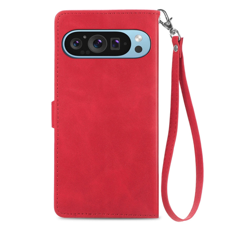 For Google Pixel 9 Embossed Flower Zipper Leather Phone Case(Red)