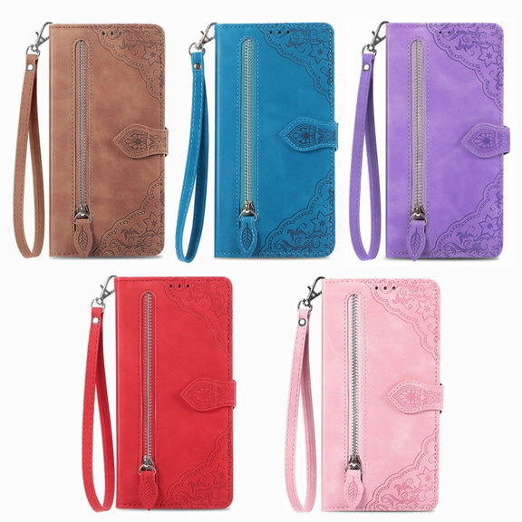 For Google Pixel 9 Pro Embossed Flower Zipper Leather Phone Case(Brown)