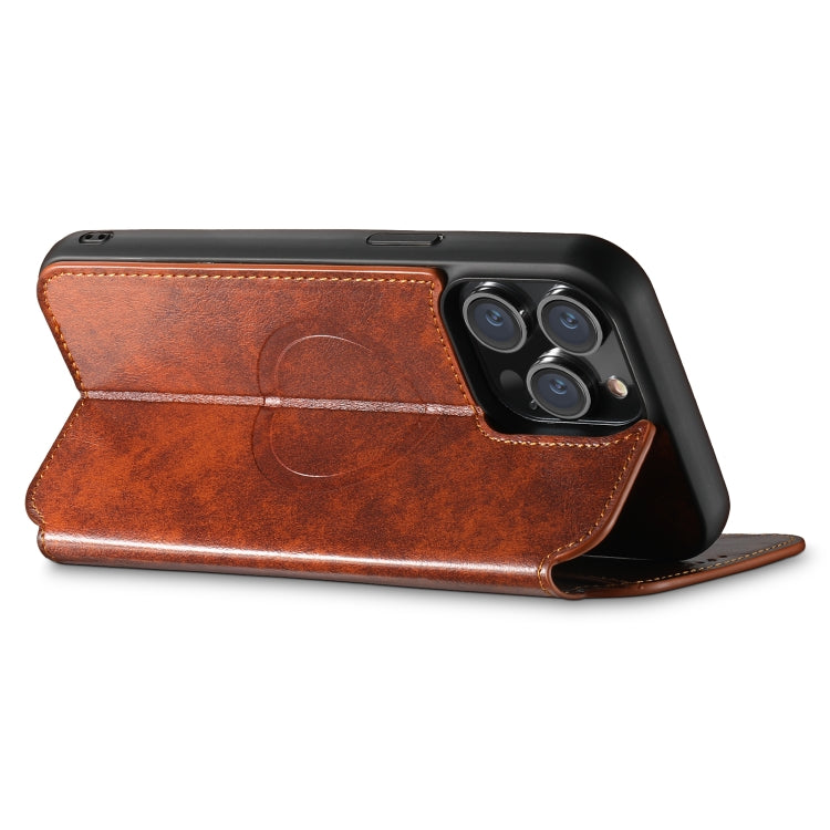 For iPhone 14 Plus Suteni J05 Leather Magnetic Magsafe Phone Case(Khaki)