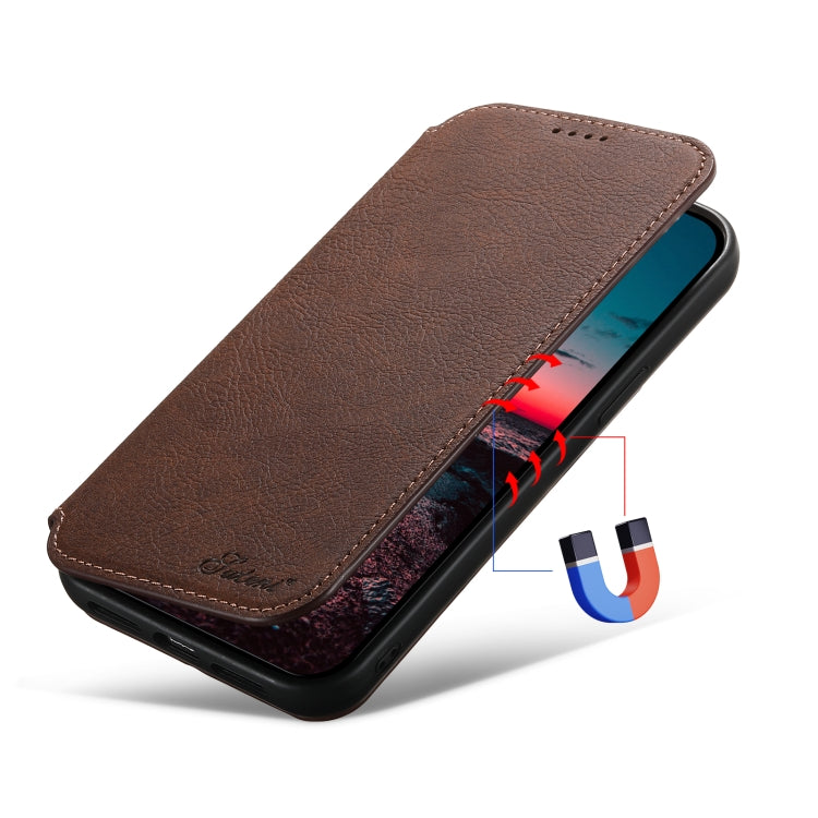 For iPhone 13 Suteni J06 Retro Matte Litchi Texture Leather Magnetic Magsafe Phone Case(Brown)