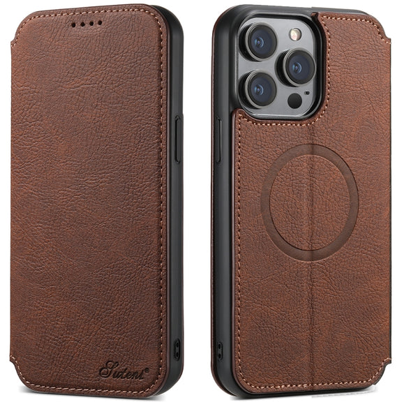 For iPhone 13 Suteni J06 Retro Matte Litchi Texture Leather Magnetic Magsafe Phone Case(Brown)