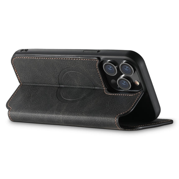 For iPhone 13 Pro Max Suteni J06 Retro Matte Litchi Texture Leather Magnetic Magsafe Phone Case(Black)