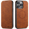 For iPhone 14 Suteni J06 Retro Matte Litchi Texture Leather Magnetic Magsafe Phone Case(Khaki) - iPhone 14 Cases by Suteni | Online Shopping South Africa | PMC TechLife | Buy Now Pay Later Mobicred
