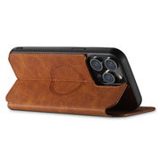 For iPhone 14 Suteni J06 Retro Matte Litchi Texture Leather Magnetic Magsafe Phone Case(Khaki)