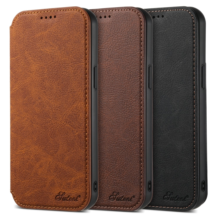 For iPhone 14 Suteni J06 Retro Matte Litchi Texture Leather Magnetic Magsafe Phone Case(Khaki)