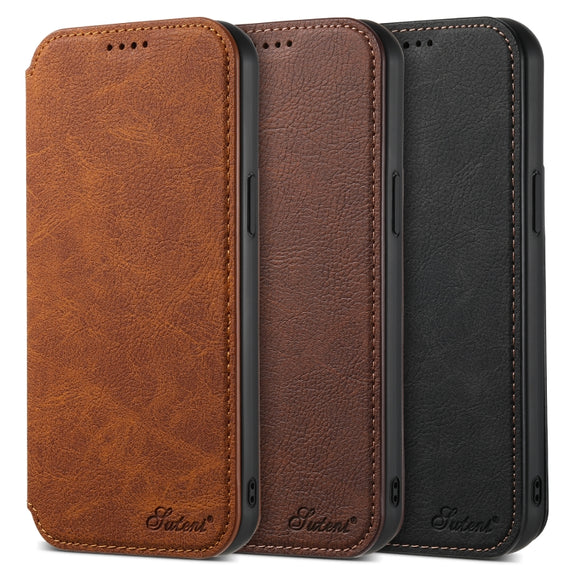 For iPhone 14 Plus Suteni J06 Retro Matte Litchi Texture Leather Magnetic Magsafe Phone Case(Black)