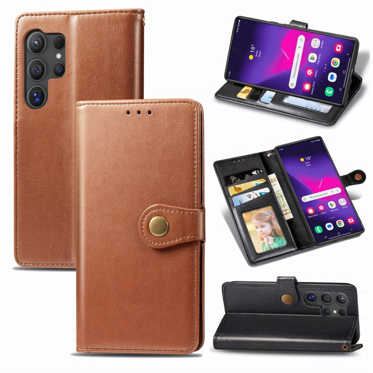 For Samsung Galaxy S25 Ultra 5G Retro Solid Color Buckle Leather Phone Case(Brown)