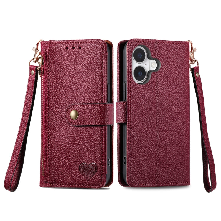 For iPhone 16 Love Zipper Lanyard Leather Phone Case(Red)