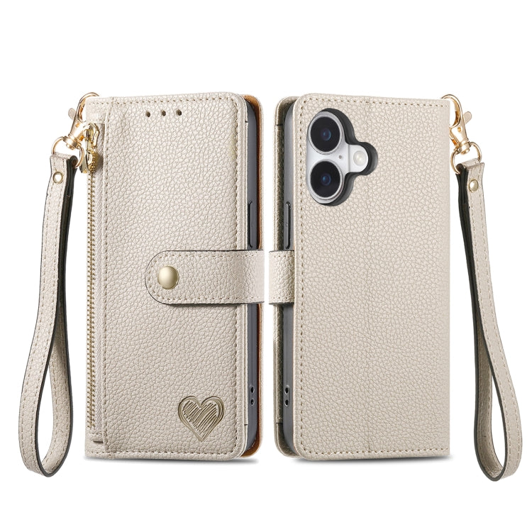 For iPhone 16 Love Zipper Lanyard Leather Phone Case(Gray)