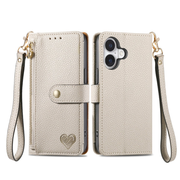 For iPhone 16 Love Zipper Lanyard Leather Phone Case(Gray)