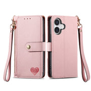 For iPhone 16 Plus Love Zipper Lanyard Leather Phone Case(Pink)