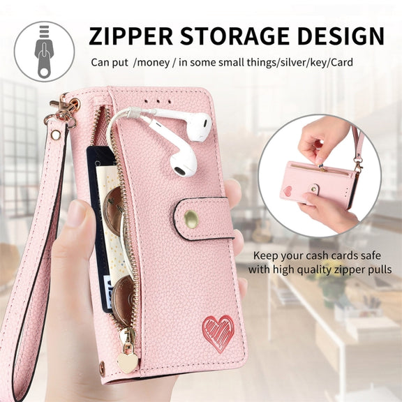 For iPhone 16 Plus Love Zipper Lanyard Leather Phone Case(Pink)