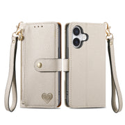 For iPhone 16 Plus Love Zipper Lanyard Leather Phone Case(Gray)