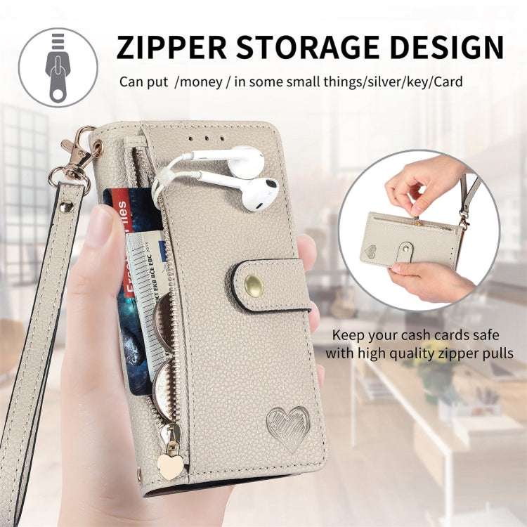 For iPhone 16 Plus Love Zipper Lanyard Leather Phone Case(Gray)
