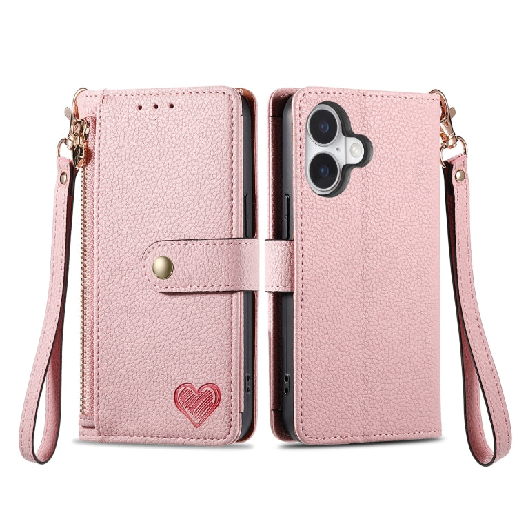 For iPhone 16 Pro Love Zipper Lanyard Leather Phone Case(Pink)