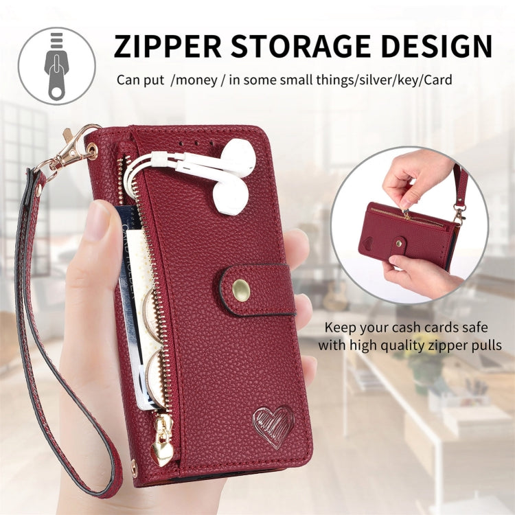 For iPhone 16 Pro Love Zipper Lanyard Leather Phone Case(Red)