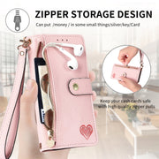 For iPhone 16 Pro Max Love Zipper Lanyard Leather Phone Case(Pink)