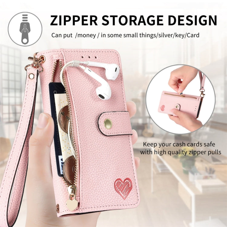 For iPhone 16 Pro Max Love Zipper Lanyard Leather Phone Case(Pink)