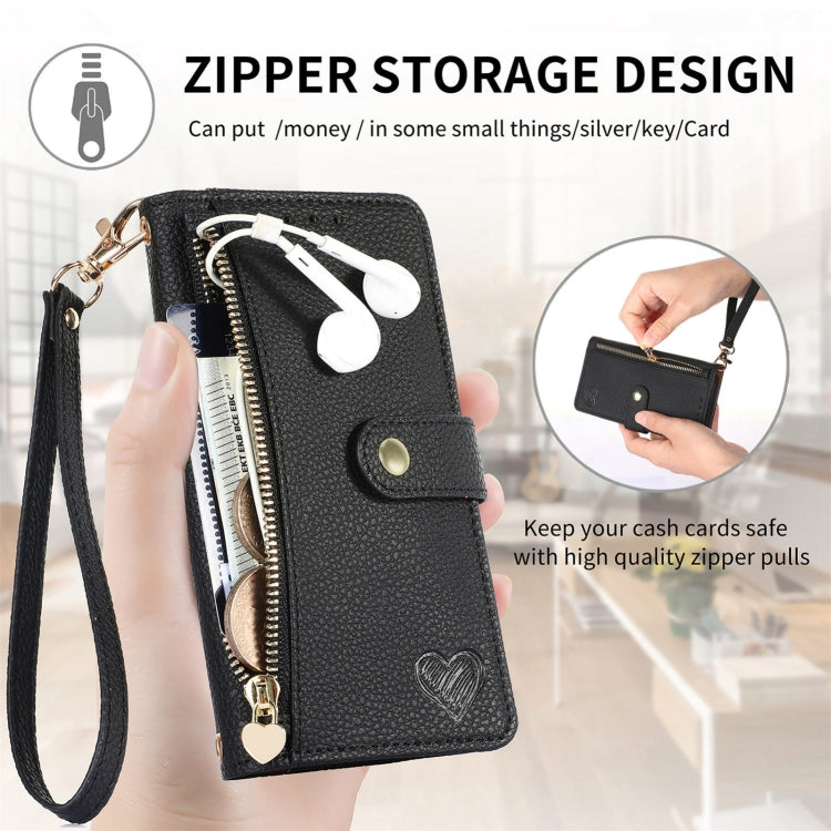 For iPhone 16 Pro Max Love Zipper Lanyard Leather Phone Case(Black)