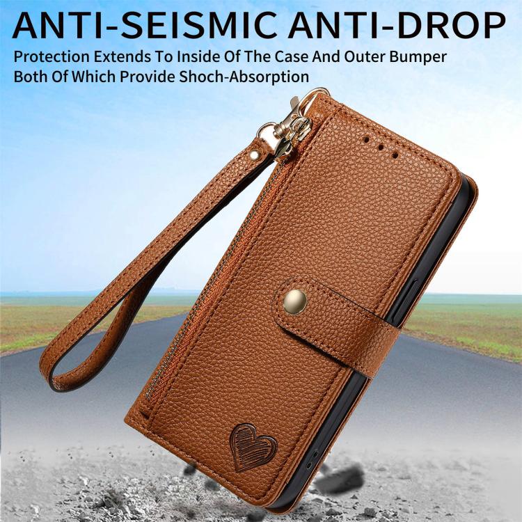 For iPhone 16e Love Zipper Lanyard Leather Phone Case(Brown)