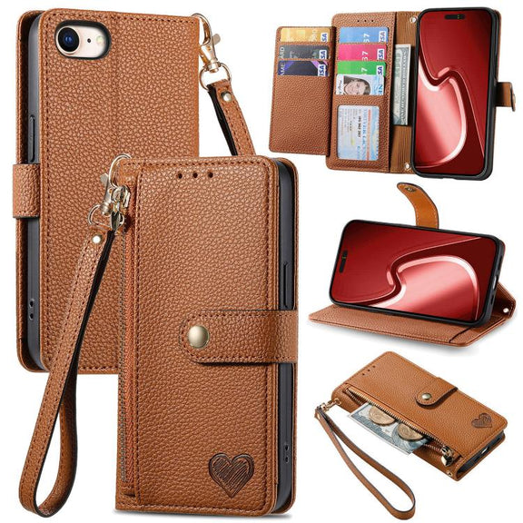 For iPhone 16e Love Zipper Lanyard Leather Phone Case(Brown)