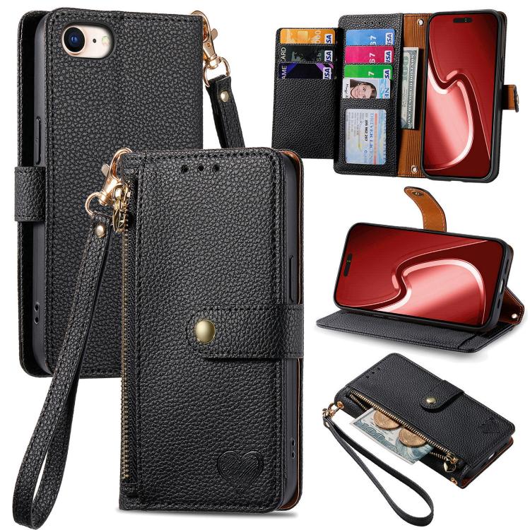 For iPhone 16e Love Zipper Lanyard Leather Phone Case(Black)