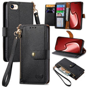 For iPhone 16e Love Zipper Lanyard Leather Phone Case(Black)