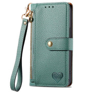 For iPhone 16e Love Zipper Lanyard Leather Phone Case(Green)