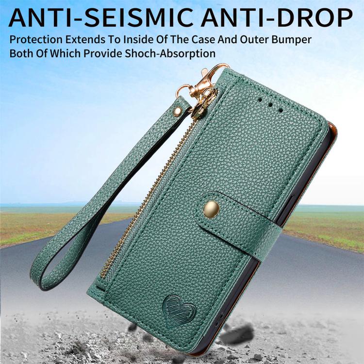 For iPhone 16e Love Zipper Lanyard Leather Phone Case(Green)