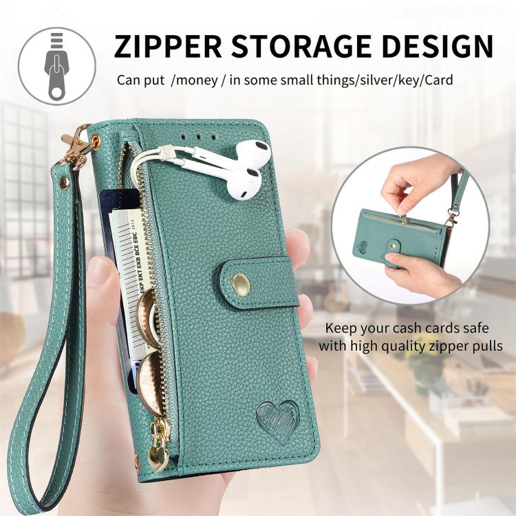 For iPhone 16e Love Zipper Lanyard Leather Phone Case(Green)