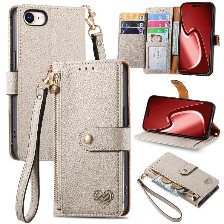 For iPhone 16e Love Zipper Lanyard Leather Phone Case(Gray)