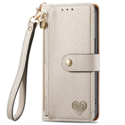 For iPhone 16e Love Zipper Lanyard Leather Phone Case(Gray)