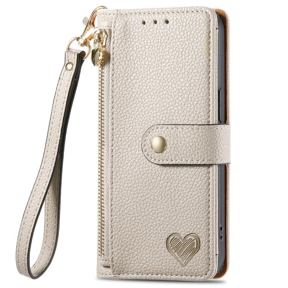 For iPhone 16e Love Zipper Lanyard Leather Phone Case(Gray)