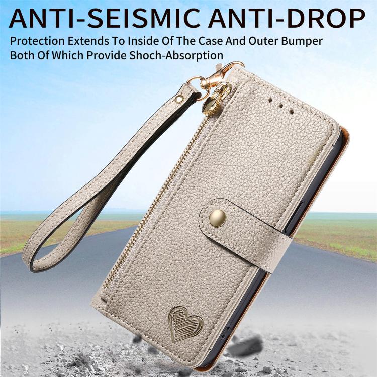 For iPhone 16e Love Zipper Lanyard Leather Phone Case(Gray)