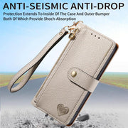 For iPhone 16e Love Zipper Lanyard Leather Phone Case(Gray)