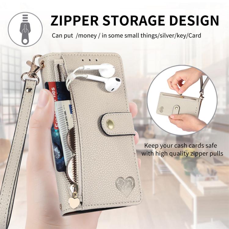 For iPhone 16e Love Zipper Lanyard Leather Phone Case(Gray)