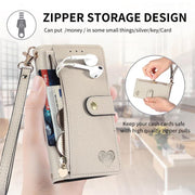 For iPhone 16e Love Zipper Lanyard Leather Phone Case(Gray)